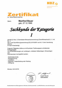 Zertifikat Sachkunde Kategorie 1
