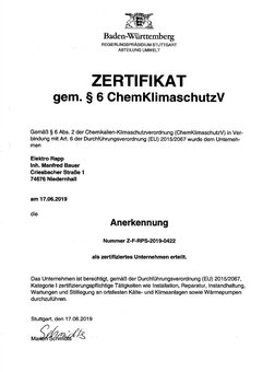 Zertifikat gem. § 6 ChemKlimaschutzV