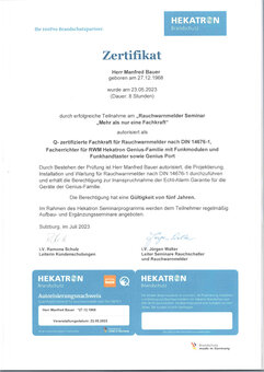 Zertifikat Rauchwarnmelder nach DIN 14676-1
